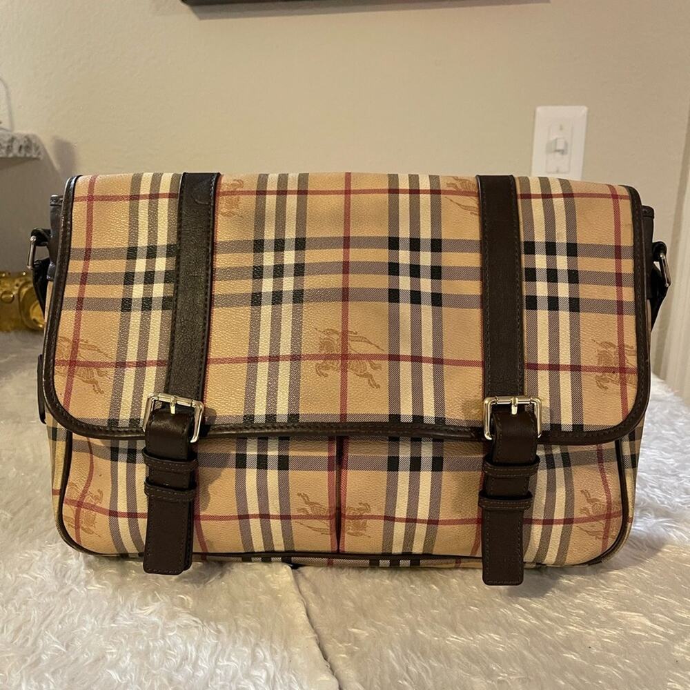 Burberry Beige/Brown Leather And Haymarket Check Coated Canvas Alchester Satchel